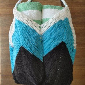 Boho Crochet Beach Bag - Chevron Black Teal White